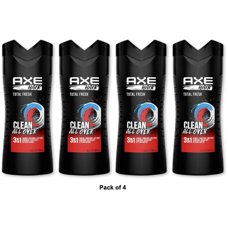 Axe Clean All Over Total Fresh 3-in-1 Body Wash Shampoo & Conditioner 16Oz (Pack of 4)