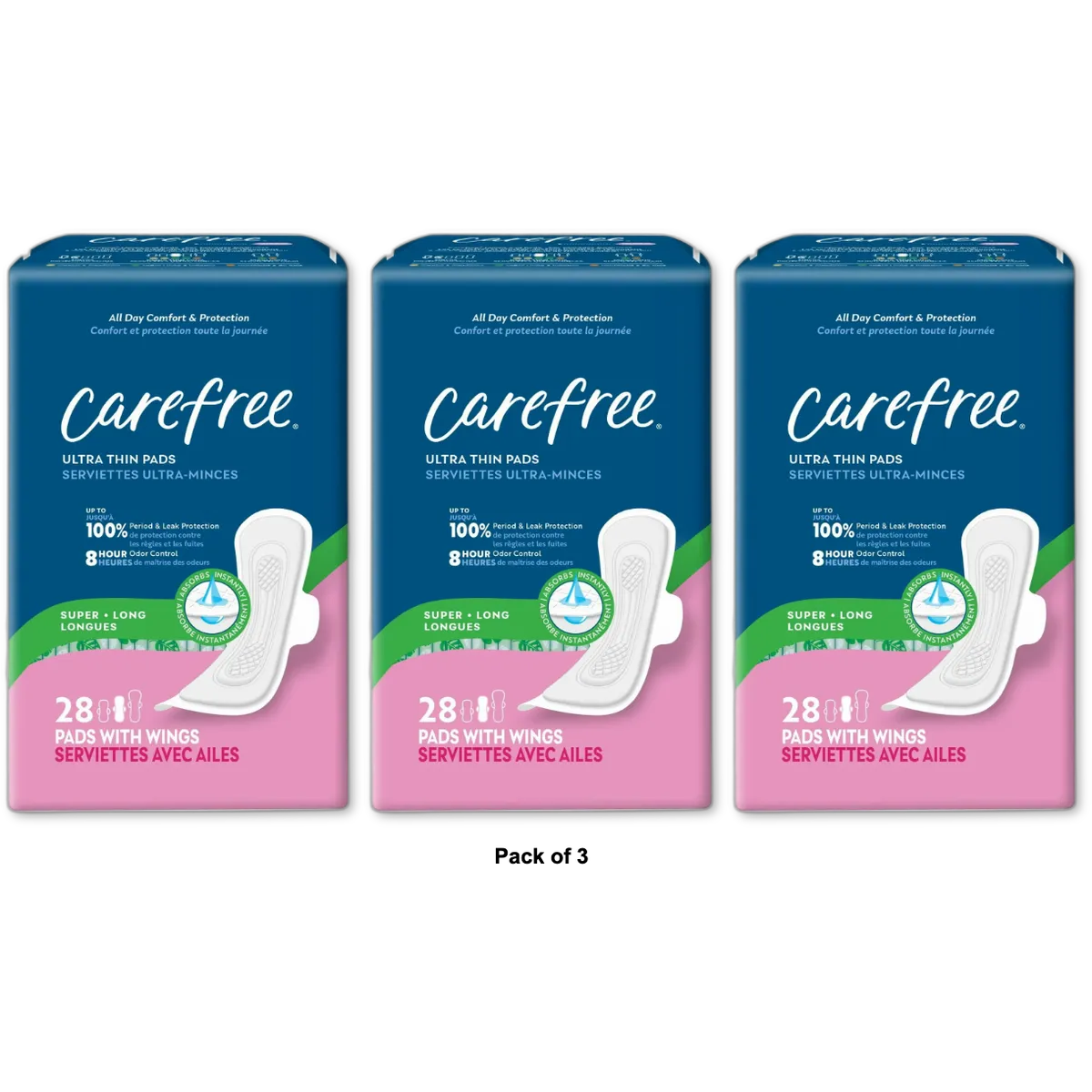 Carefree Ultra Thin Super/Long Pads with Wings 11.99oz (Pack of 3)