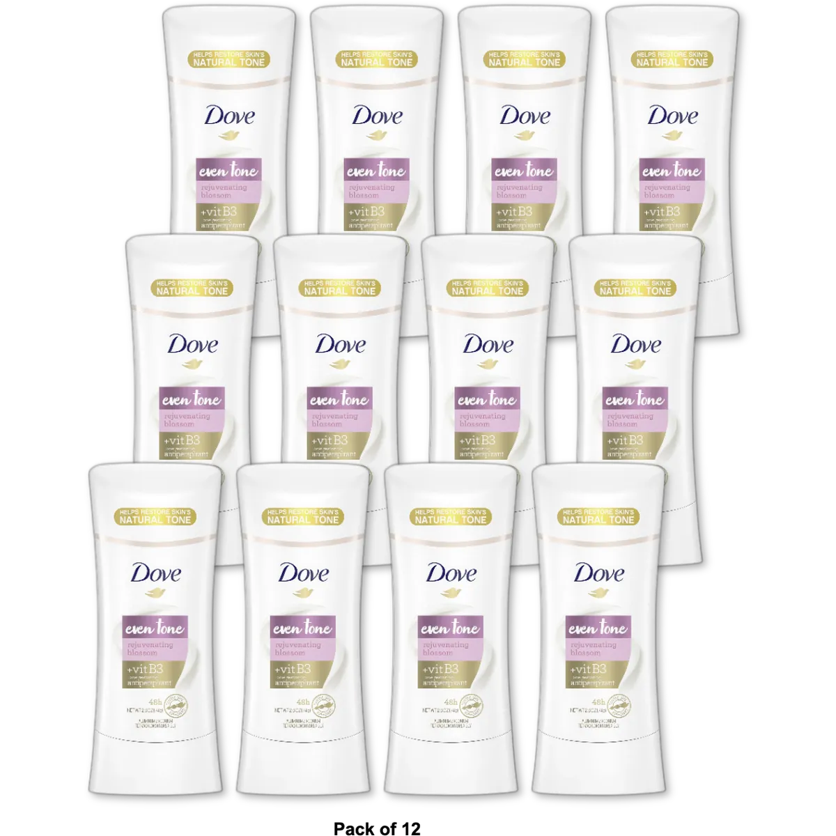 Dove Even Tone Antiperspirant Deodorant Stick Peach Blossom & Rice Milk 2.6 oz (Pack of 12)