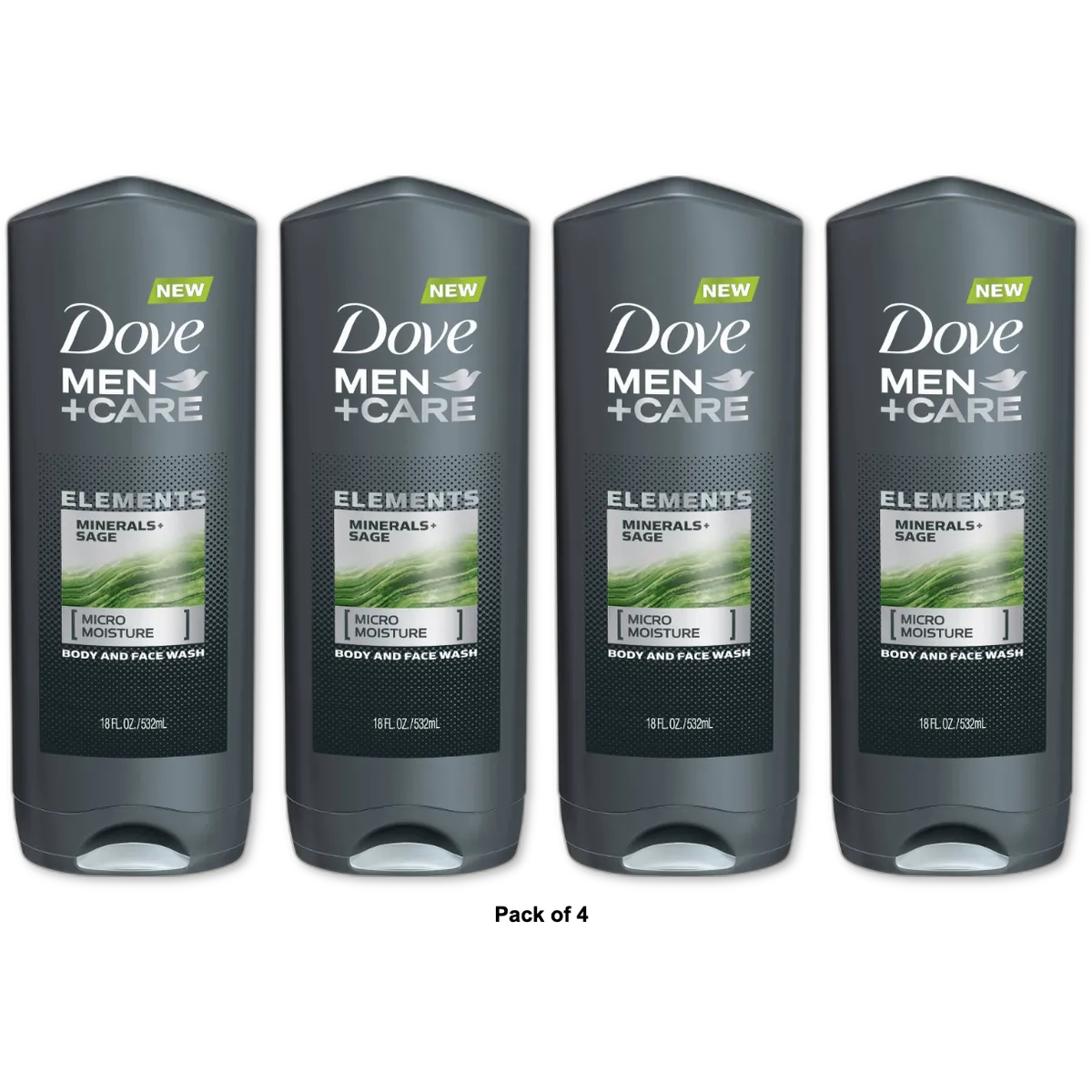 Dove Men+Care Reviving Long Lasting Face & Body Wash Minerals & Sage All Skin Type 18 oz (Pack of 4)