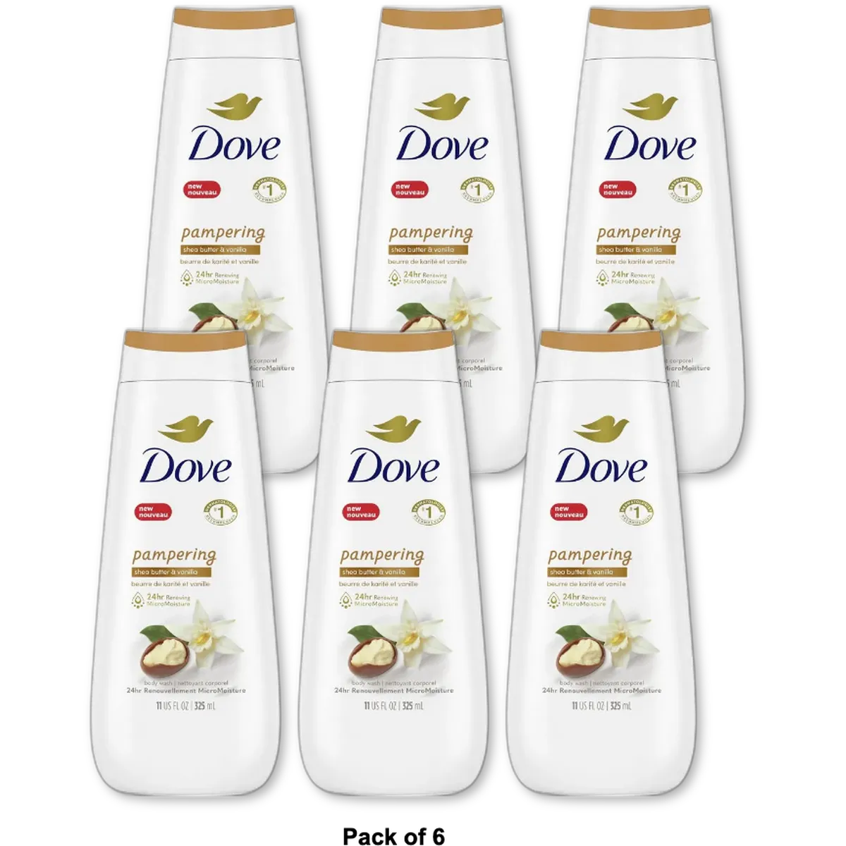 Dove Pampering Body Wash Shea Butter & Vanilla 11 oz (Pack of 6)