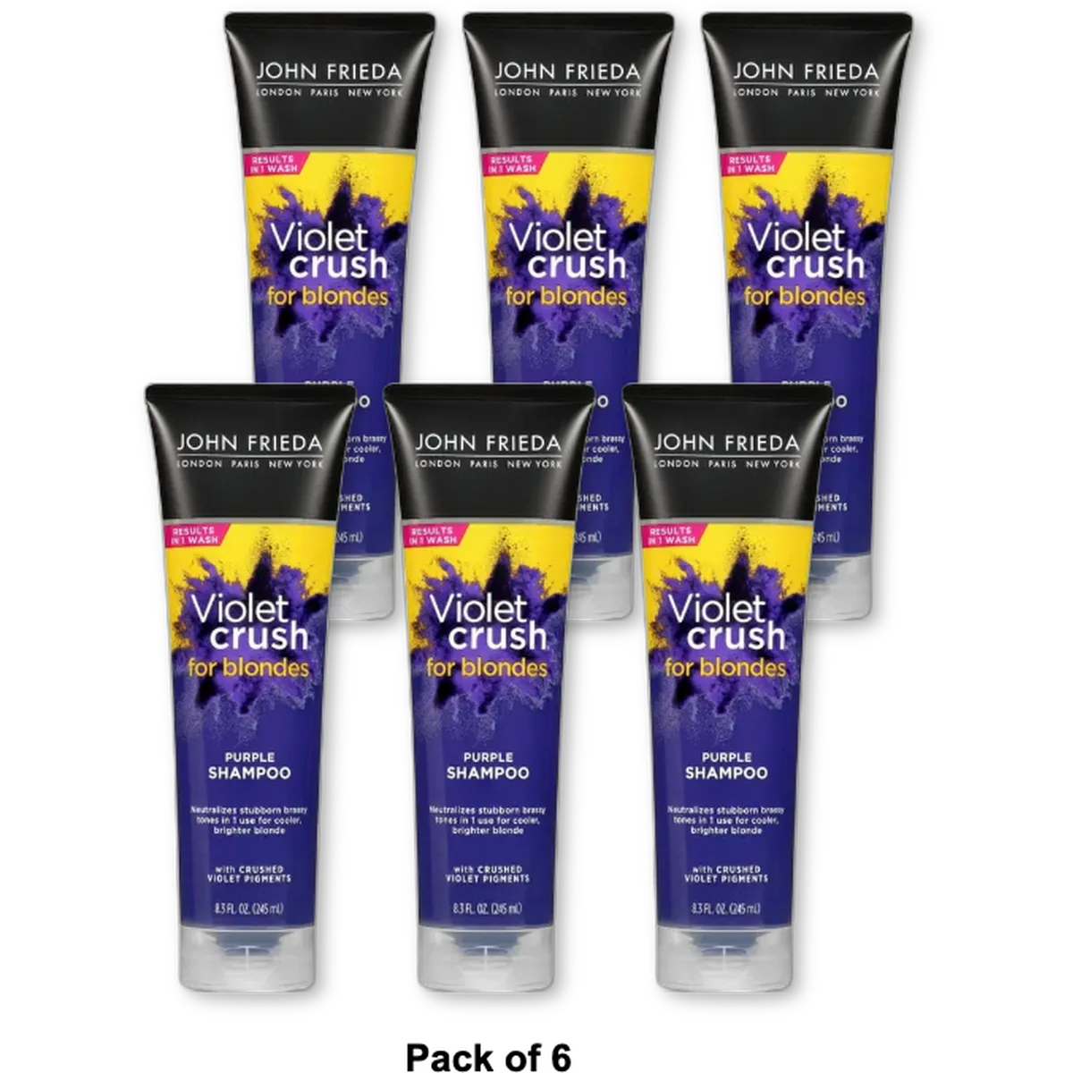 John Frieda Violet Crush Purple Shampoo for Blonde Hair Blonde Toner Neutralizes Brassy Yellow Tones for Bleached Platinum and Natural Blonde Hair 8.3 Ounce (Pack of 6)
