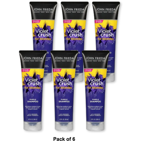 John Frieda Violet Crush Purple Shampoo for Blonde Hair Blonde Toner Neutralizes Brassy Yellow Tones for Bleached Platinum and Natural Blonde Hair 8.3 Ounce (Pack of 6)