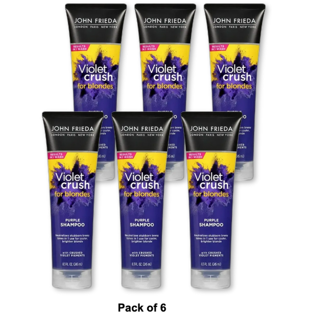 John Frieda Violet Crush Purple Shampoo for Blonde Hair Blonde Toner Neutralizes Brassy Yellow Tones for Bleached Platinum and Natural Blonde Hair 8.3 Ounce (Pack of 6)