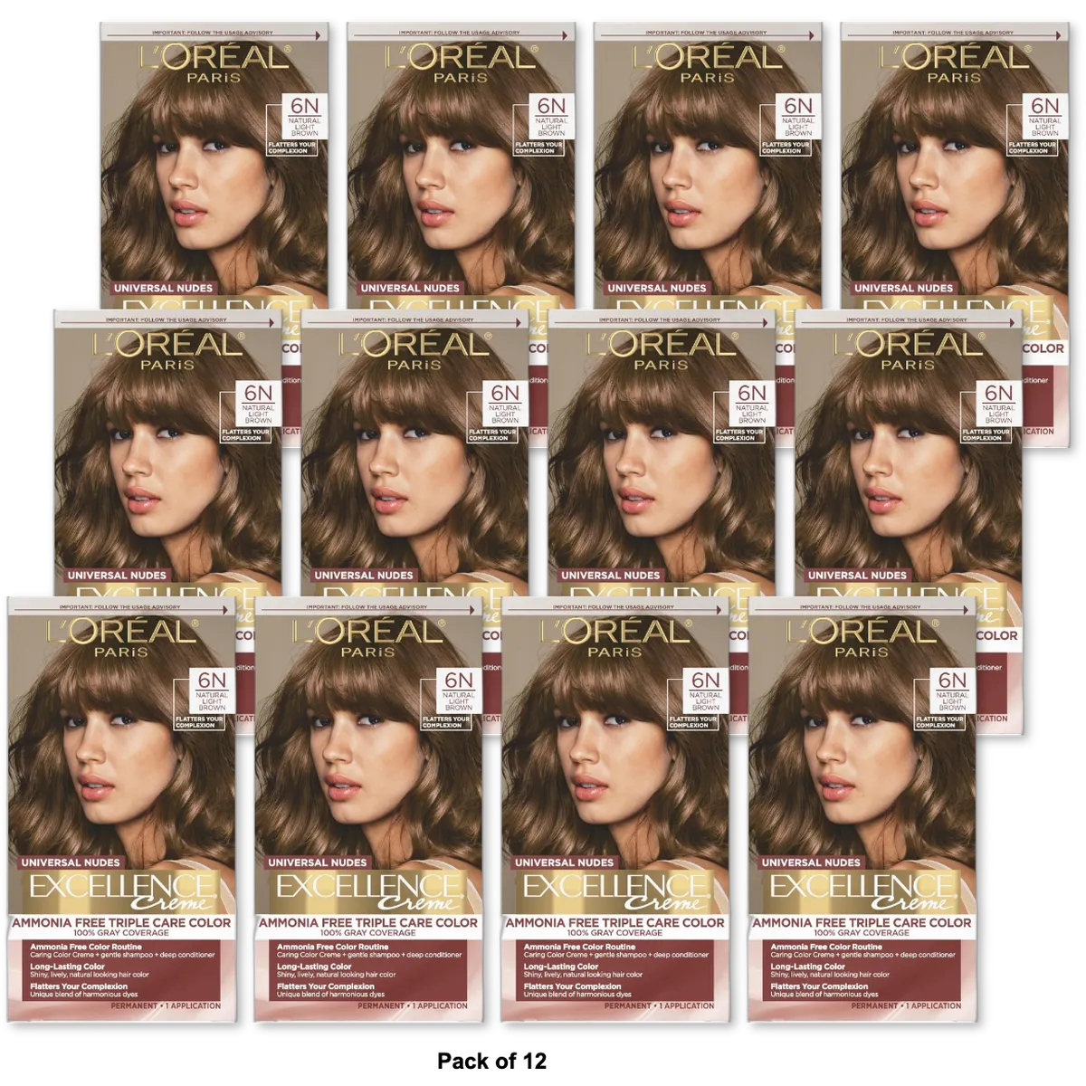 L'Oreal Paris Excellence Universal Nudes Permanent Hair Color 6N Natural Light Brown 100 Percent Gray Coverage 1 Kit 9.6oz (Pack of 12)