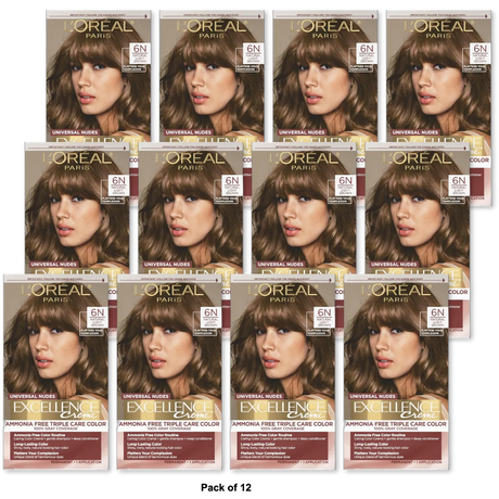 L'Oreal Paris Excellence Universal Nudes Permanent Hair Color 6N Natural Light Brown 100 Percent Gray Coverage 1 Kit 9.6oz (Pack of 12)