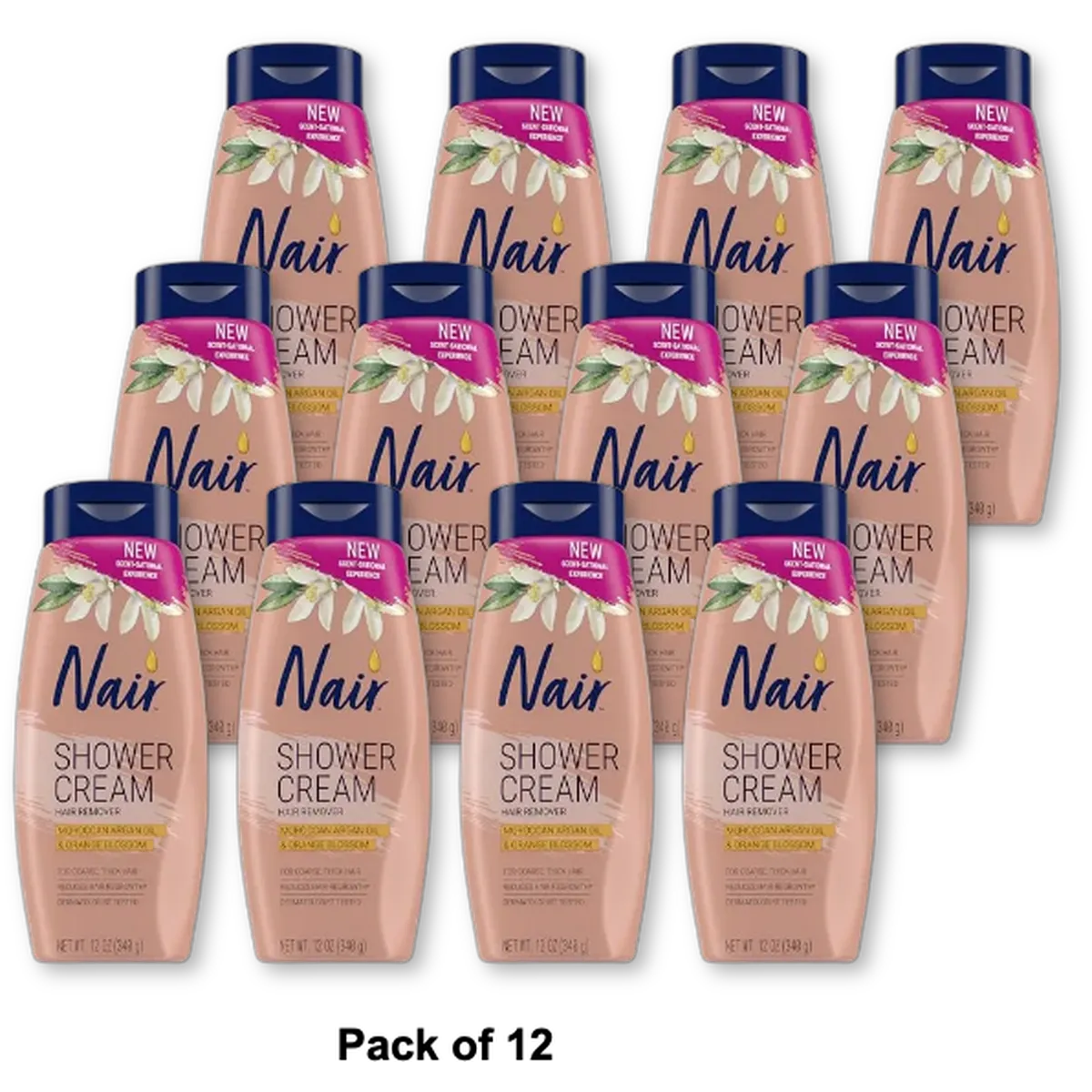NAIR Shower Cream Hair Remover with Moroccan Argan Oil and Orange Blossom Body Hair Removal Cream for Women 12 oz (Pack of 12)