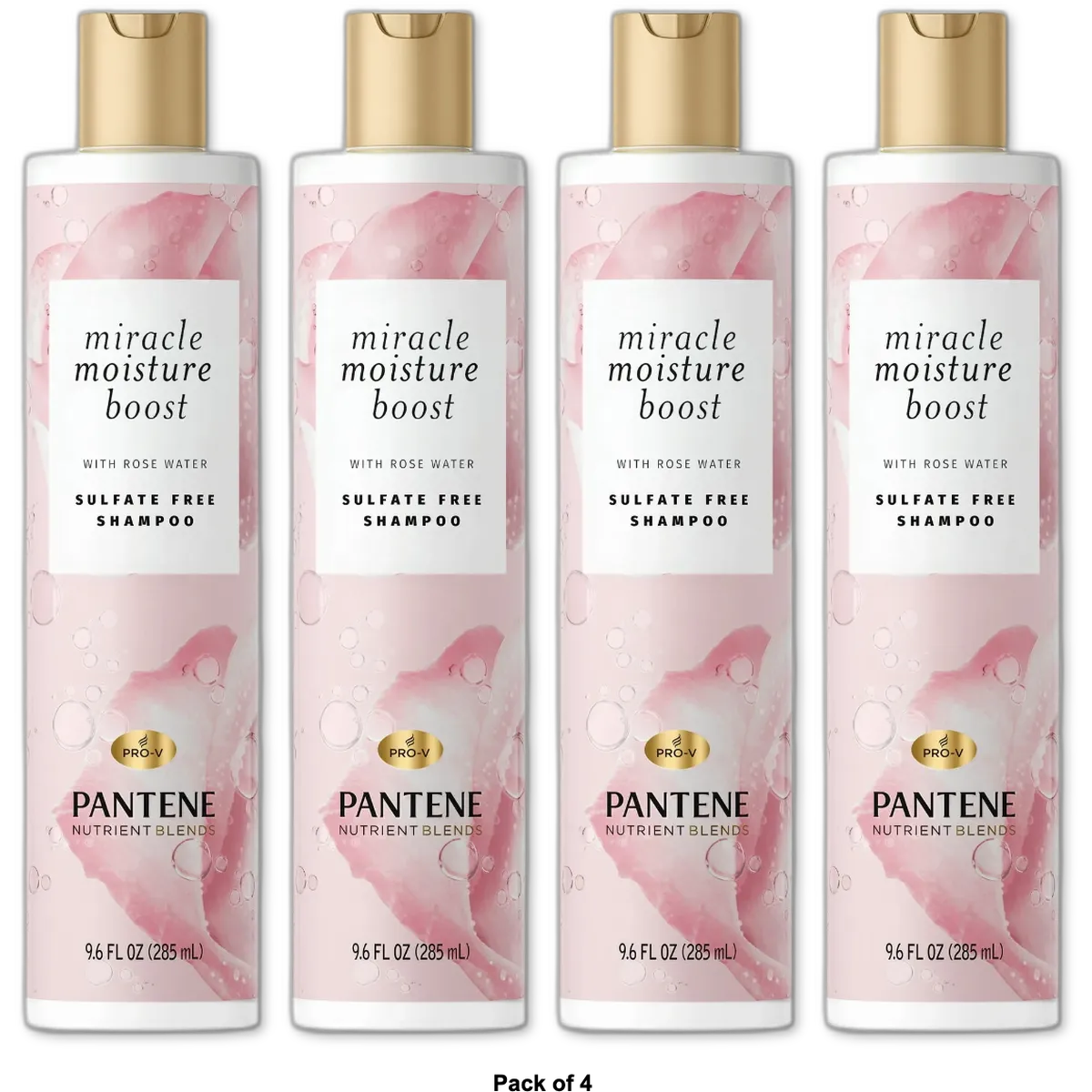 Pantene Nutrient Blends Miracle Moisture Boost Rose Water Shampoo for Dry Hair Sulfate Free Floral 9.6 Fl Oz (Pack of 4)