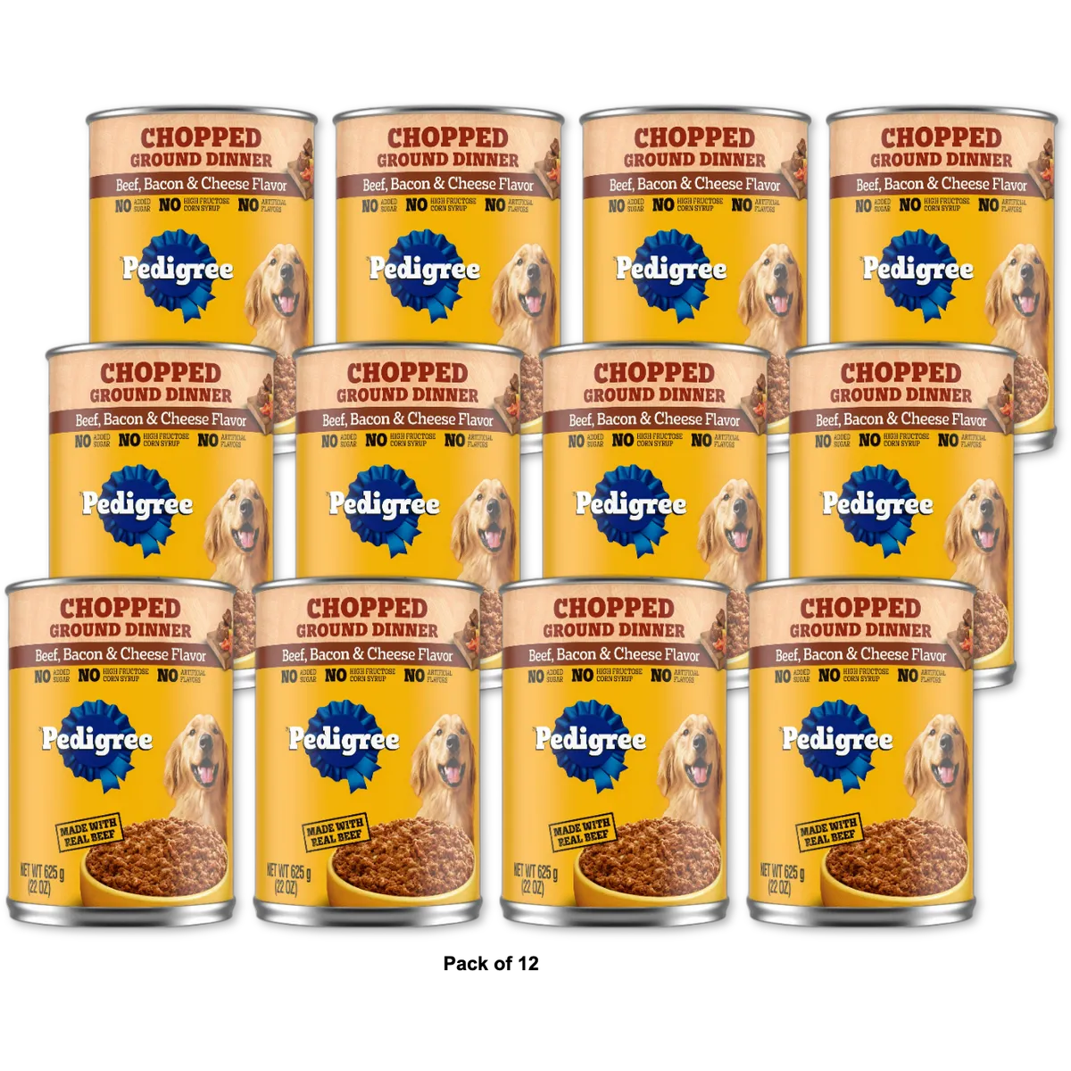 Pedigree Wet Chopped Ground Dinner Beef, Bacon & Cheese Flavor Dog Food 22oz Can (Pack of 12)