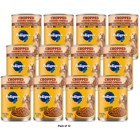 Pedigree Wet Chopped Ground Dinner Beef, Bacon & Cheese Flavor Dog Food 22oz Can (Pack of 12)