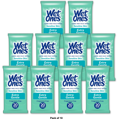 Wet Ones Sensitive Skin Hand And Face Wipes Travel Pack Fragrance Free 0.01Oz (Pack Of 10)