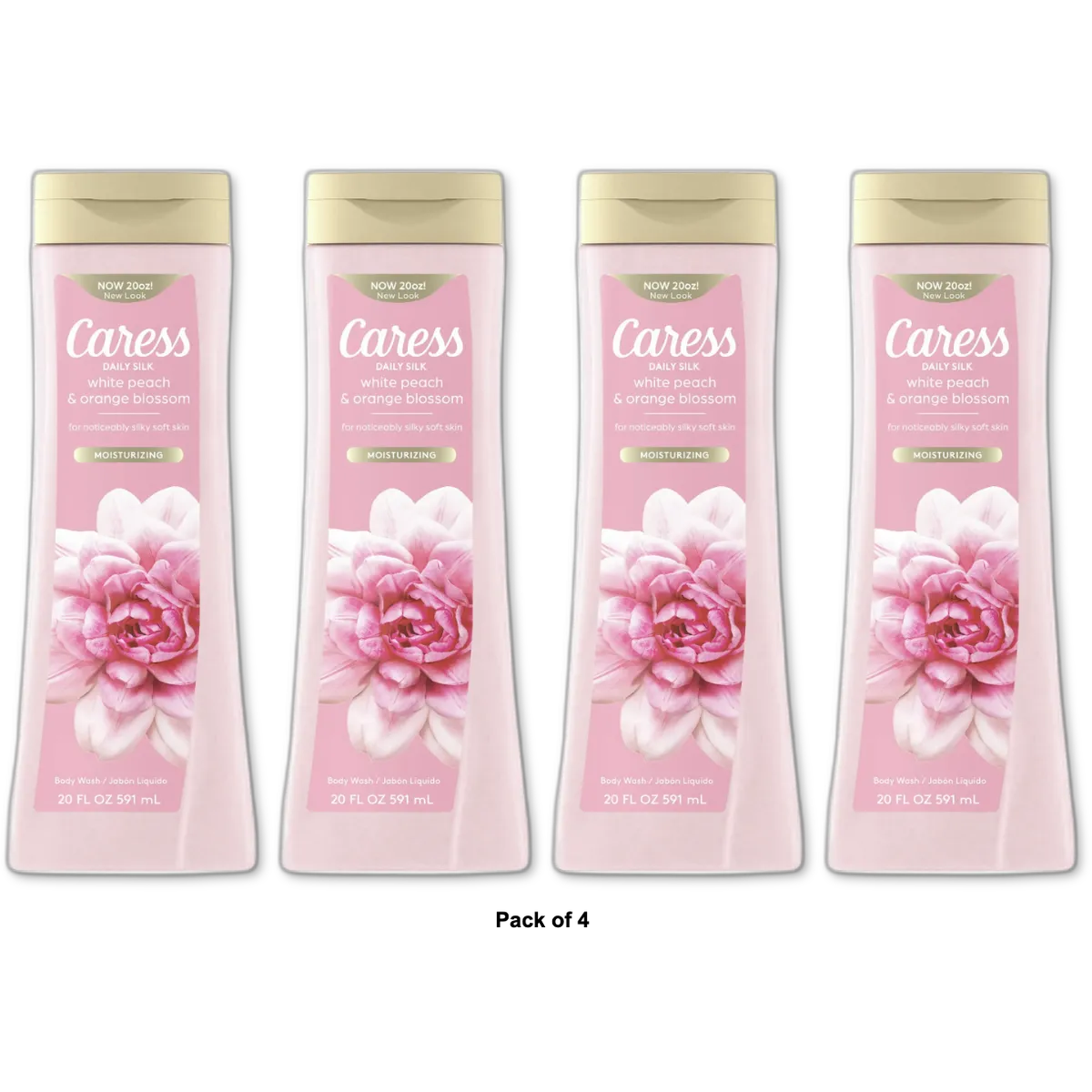 Caress Body Wash for Women Daily Silk White Peach for Dry Skin 20Oz (Pack of 4)