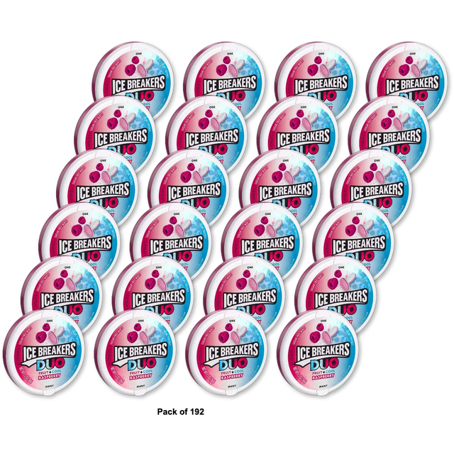 Hersheys Ice Breakers Duo Fruit Plus Cool Raspberry Mints 1.3Oz (Pack of 192)