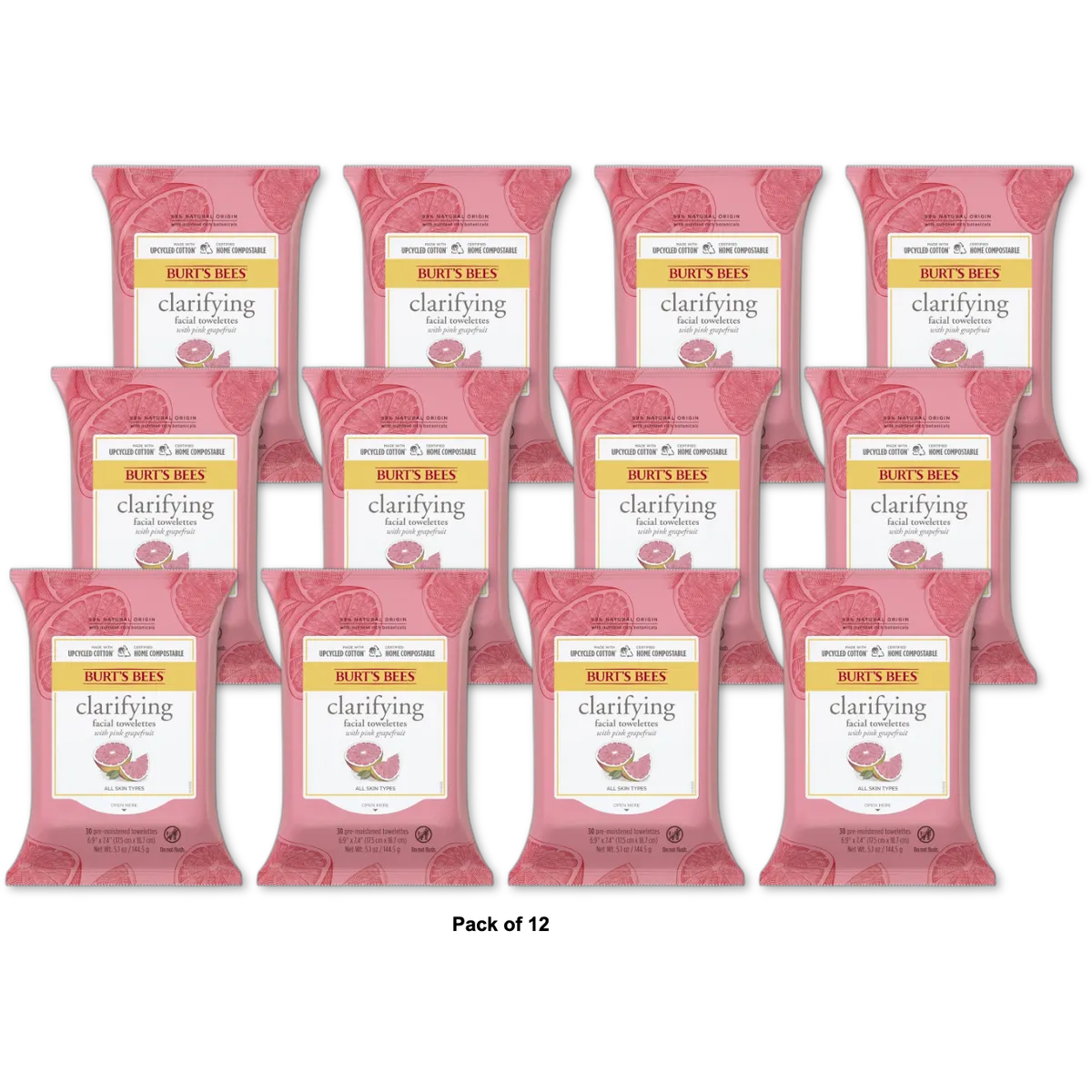 Burts Bees Grapefruit Facial Wipes for Normal to Oily Skin 5.1oz (Pack of 12)