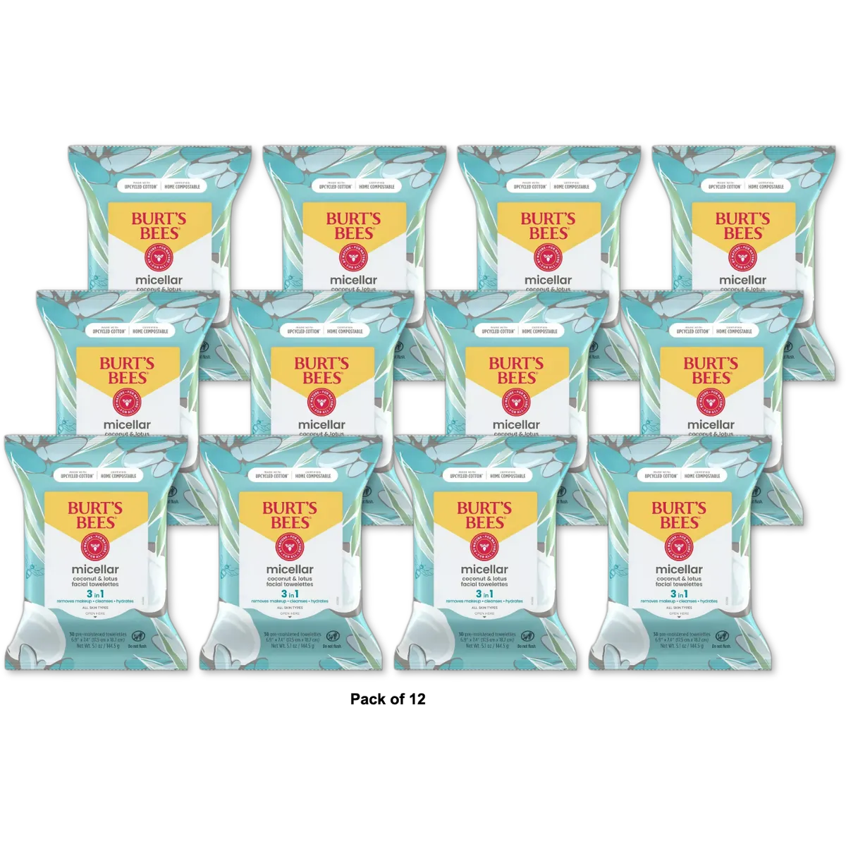 Burts Bees Micellar Cleansing Towelettes Coconut And Lotus 5.1oz (Pack of 12)