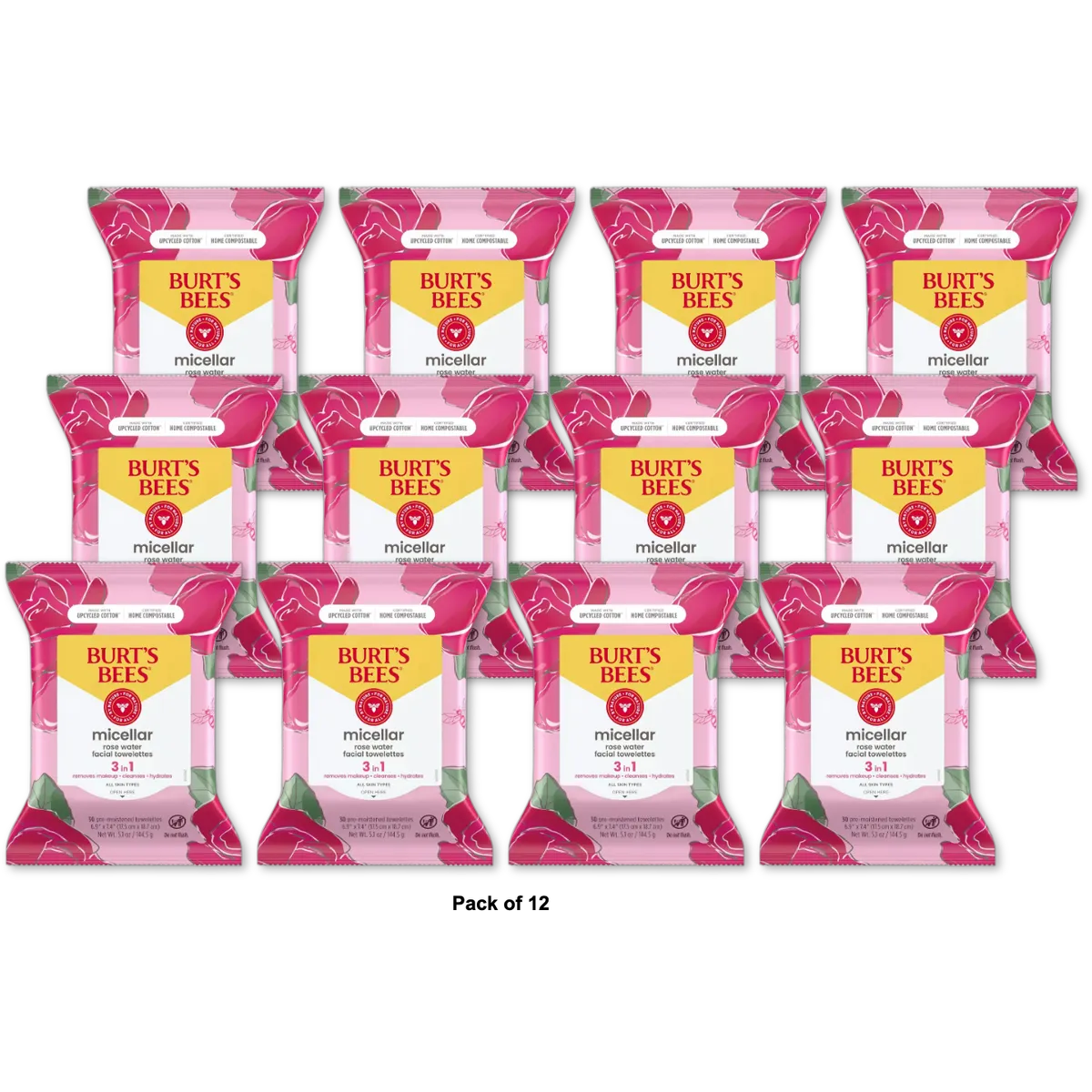 Burts Bees Micellar Makeup Removing Facial Cleansing Towelettes Rose Water 5.1oz (Pack of 12)