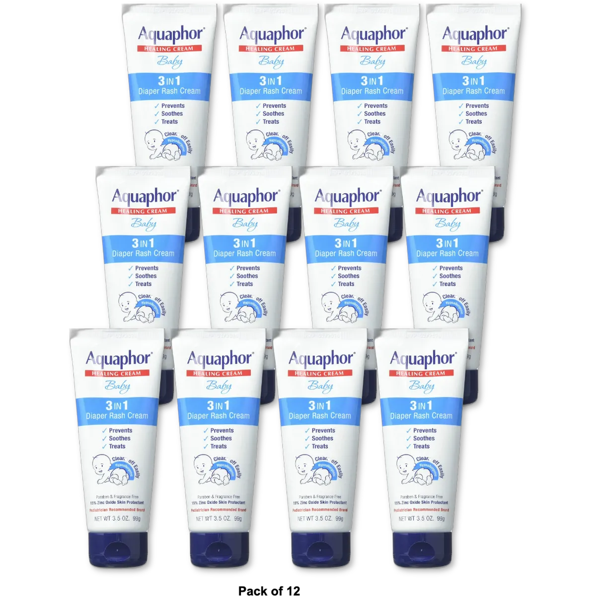 Aquaphor Baby Diaper Rash Healing Cream Skin Protectant 3.5Oz (Pack of 12)