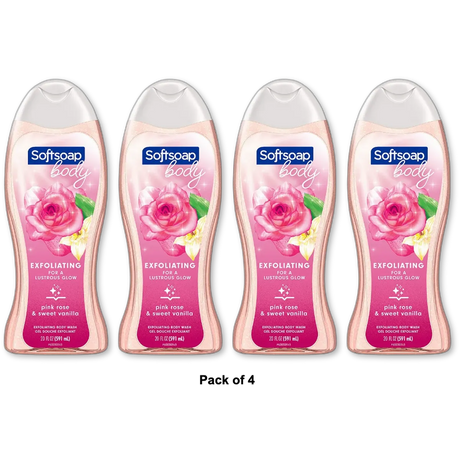 Softsoap Exfoliating Body Wash Lustrous Glow Pink Rose And Vanilla 20Oz (Pack of 4)