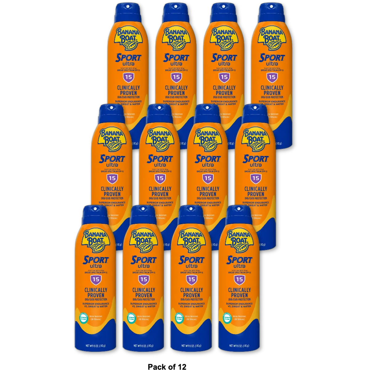 Banana Boat Sport Ultra Sunscreen Spray 15 SPF Water Resistant Sunblock 6Oz (Pack of 12)