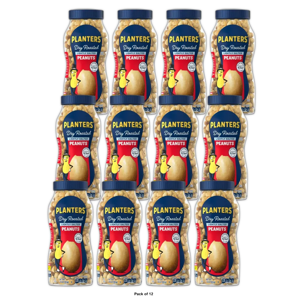 Planters Peanuts, Dry Roasted, Lightly Salted, 16 OZ (Pack of 12)