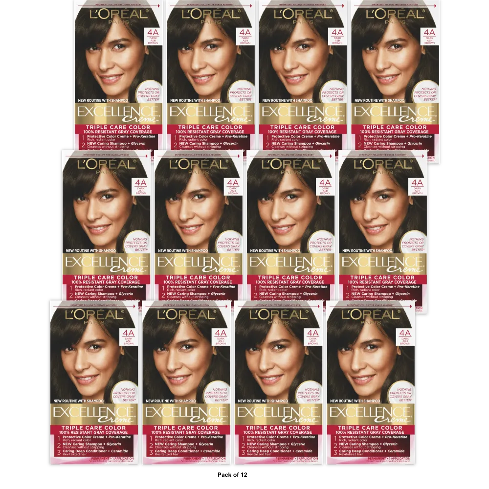 L'Oreal Paris Excellence Non-Drip Creme - 4A Dark Ash Brown - 1 Kit - 6.3 fl OZ (Pack of 12)