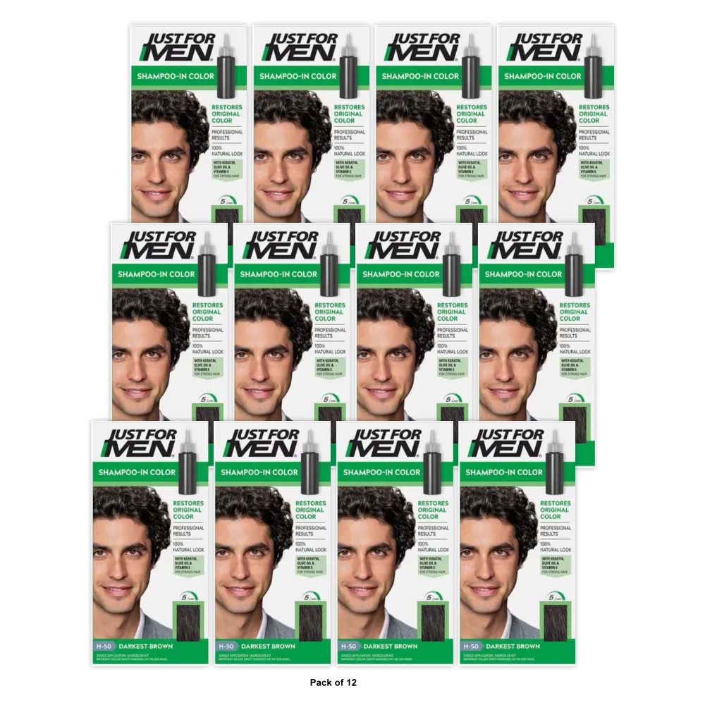 Just For Men Shampoo-In Color Gray Hair Coloring for Men - Darkest Brown - H-50 (Pack of 12)
