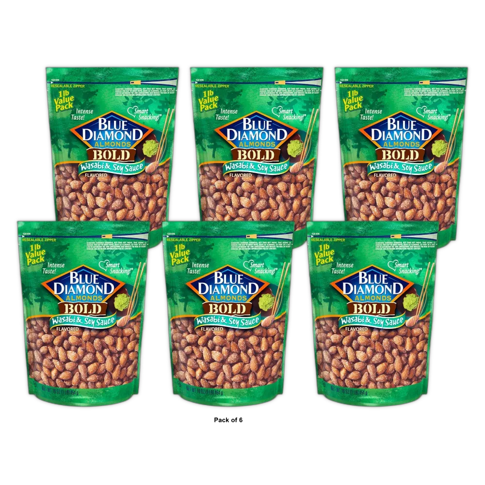 Blue Diamond Almonds BOLD Wasabi &amp; Soy Sauce Bag 16 Oz (Pack of 6)
