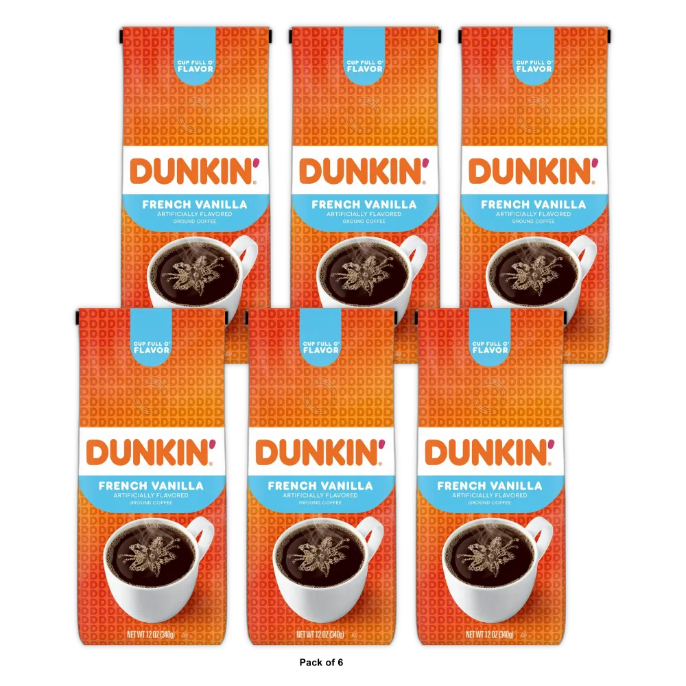 Dunkin’ French Vanilla Artificially Flavored Coffee Ground Coffee Bag 12 oz (Pack of 6)