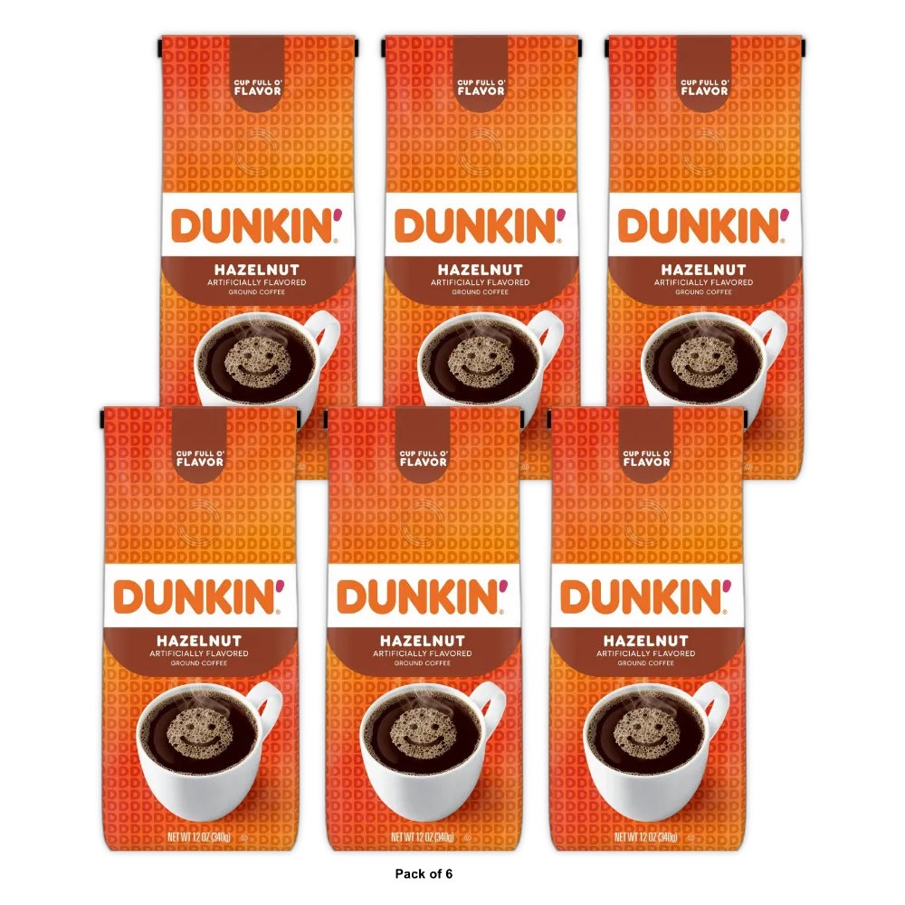 Dunkin Hazelnut Flavored Ground Coffee 12 oz (Pack of 6)