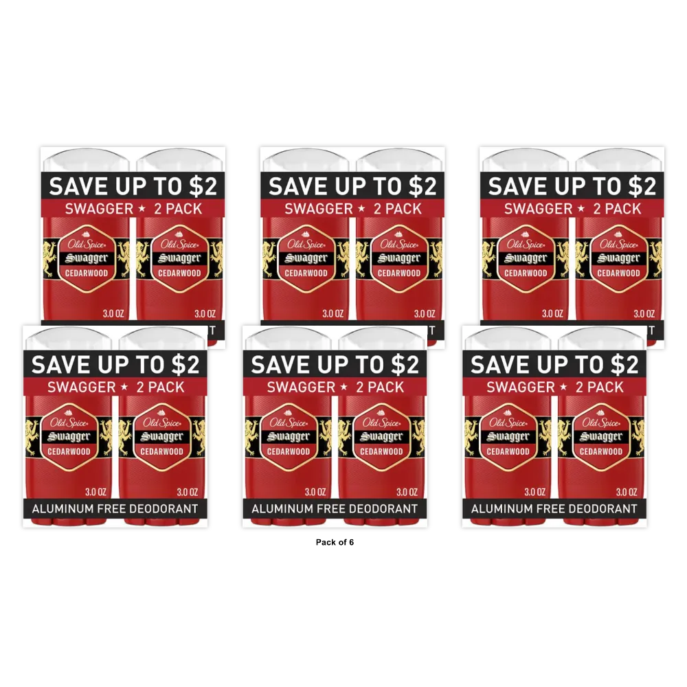 Old Spice Red Collection Solid Deodorant for Men Swagger Scent - Aluminum-Free 3.0 oz (Pack of 6)