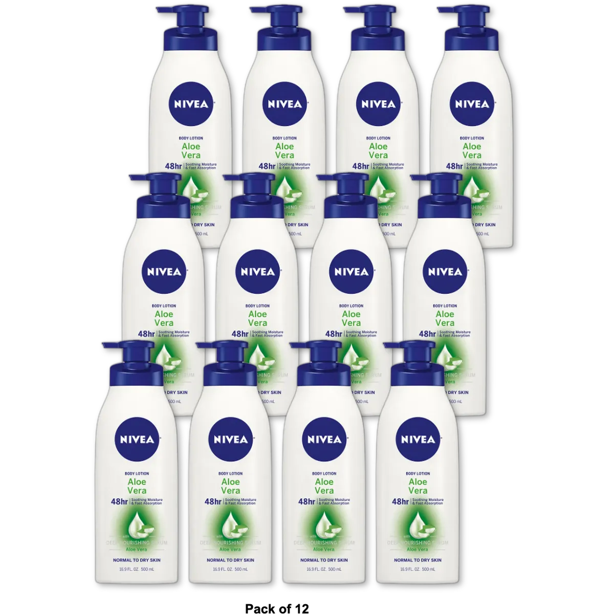Nivea Body Lotion Deep Moisture Serum with Pump Aloe Vera 16.9Oz (Pack of 12)