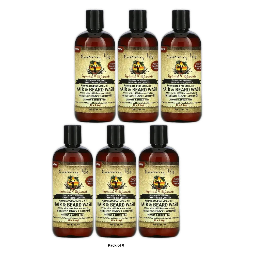 Men 2-N-1 Hair & Beard Wash with Jamaican Black Castor Oil 12 Fl. Oz Sunny Isle (Pack of 6)