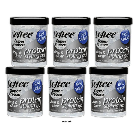 Softee Super Freeze Clean Clear Protein Styling Gel 8 Oz (Pack of 6)