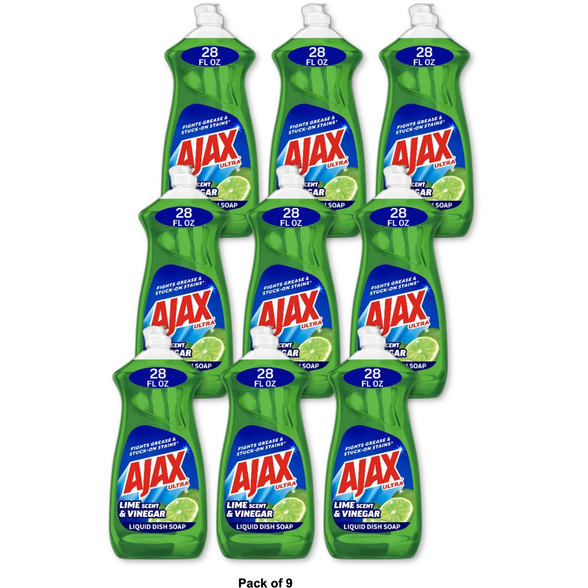 Ajax Ultra Triple Action Liquid Dish Soap Vinegar and Lime Scent 28Oz (Pack of 9)