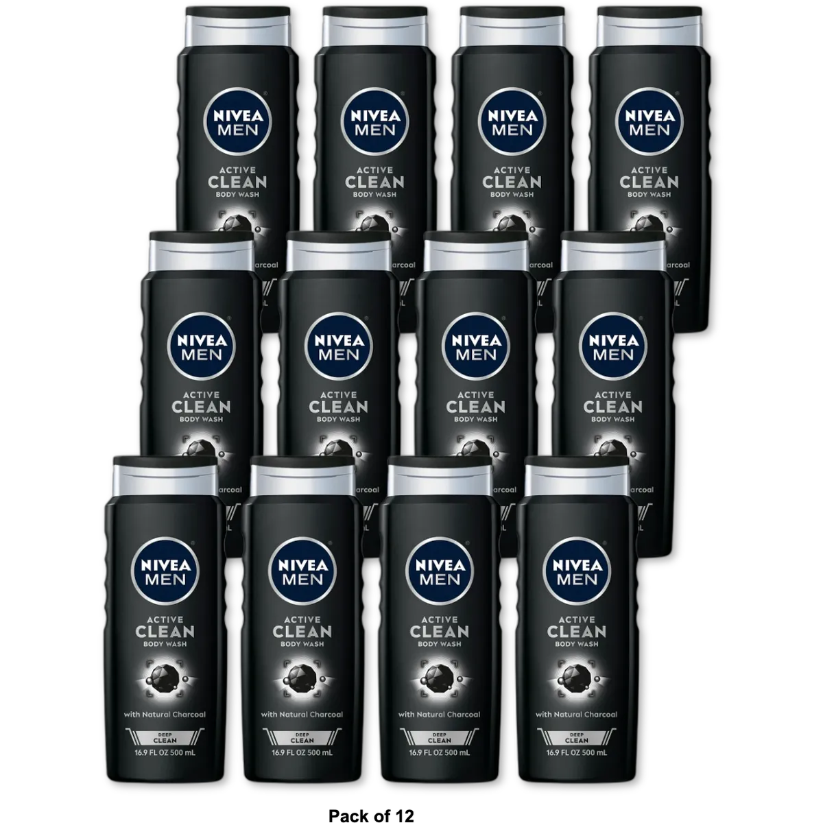 Nivea Men Deep Cleansing Charcoal Body Wash Active Clean 16.9Oz (Pack of 12)