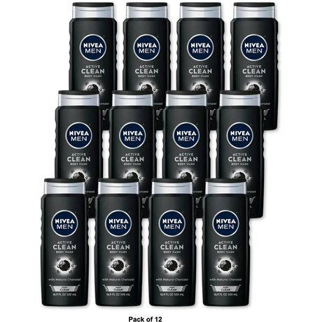Nivea Men Deep Cleansing Charcoal Body Wash Active Clean 16.9Oz (Pack of 12)