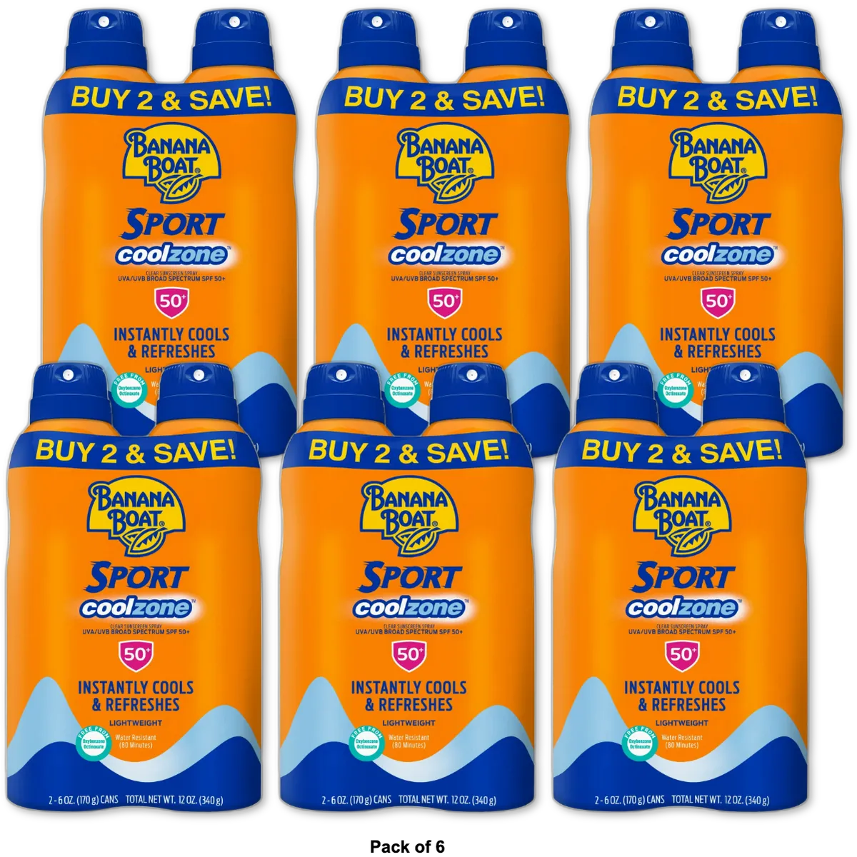 Banana Boat Sport Coolzone Clear Sunscreen Spray SPF 50 12Oz (Pack of 6)
