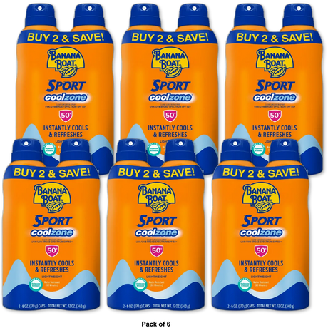 Banana Boat Sport Coolzone Clear Sunscreen Spray SPF 50 12Oz (Pack of 6)