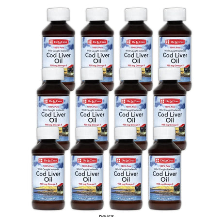 De La Cruz Cod Liver Oil Omega 3 Pure Fish Oil Supplement Liquid 4 Fl Oz (Pack of 12)