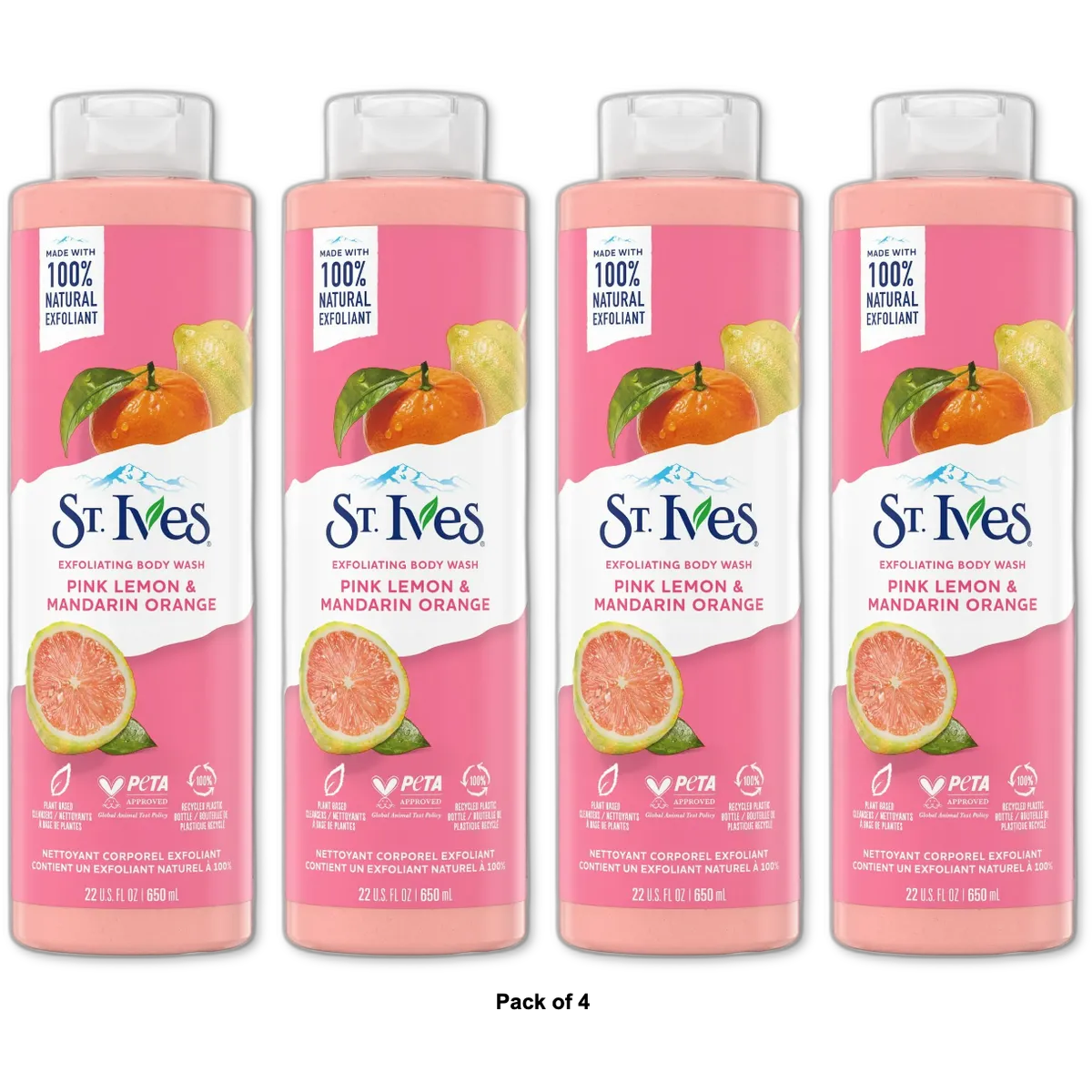 St. Ives Natural Body Wash Soap Pink Lemon And Mandarin Orange 22Oz (Pack of 4)