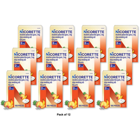 Nicorette 2mg Gum Stop Smoking Aid Fruit Chill 4Oz(Pack of 12)