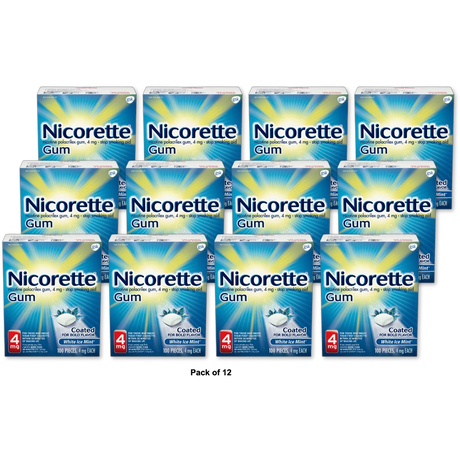 Nicorette Nicotine Stop Smoking Aid Gum 4 Mg White Ice Mint 5.29Oz (Pack of 12)