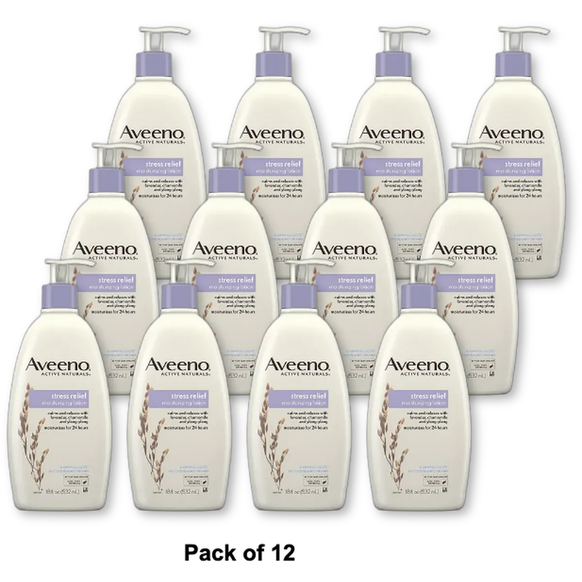 Aveeno Stress Relief Moisturizing Body and Hand Lotion Lavender Chamomile And Ylang-Ylang 18Oz (Pack of 12)