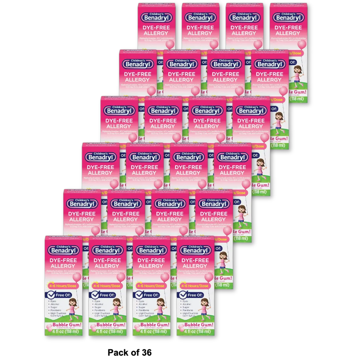 Benadryl Children's Dye-Free Allergy Liquid Bubble Gum 4Oz (Pack of 36)