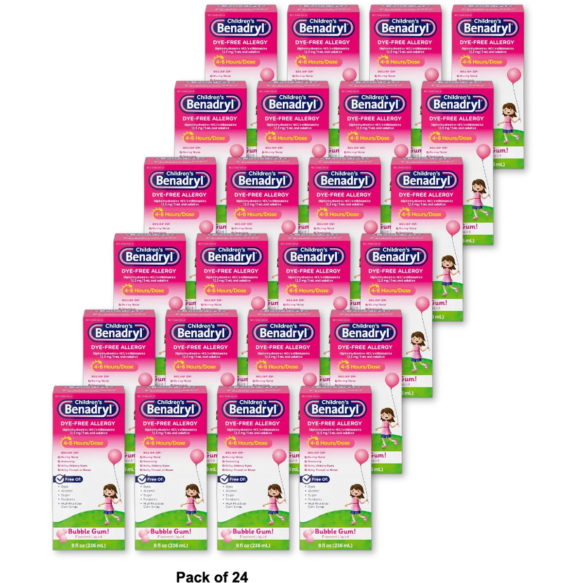 Benadryl Childrens Dye-Free Allergy Liquid Bubble Gum 8Oz (Pack of 24)