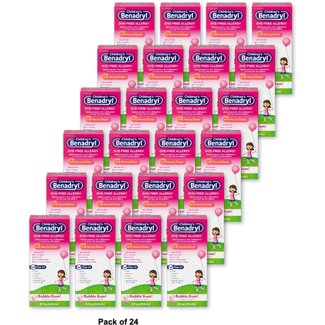 Benadryl Childrens Dye-Free Allergy Liquid Bubble Gum 8Oz (Pack of 24)