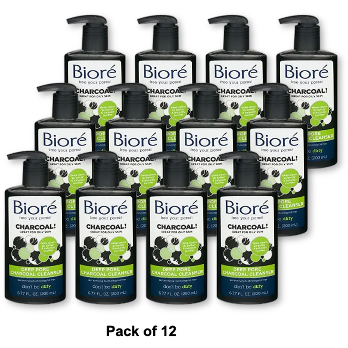 Biore Free Your Pores Deep Pore Charcoal Cleanser For Oily Skin Face Wash 6.77Oz (Pack of 12)