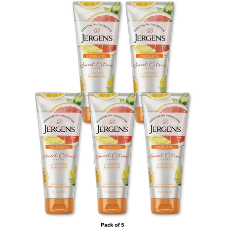 Jergens Energizing Sweet Citrus Essential Oil Body Butter Moisturizer 7Oz (Pack of 5)