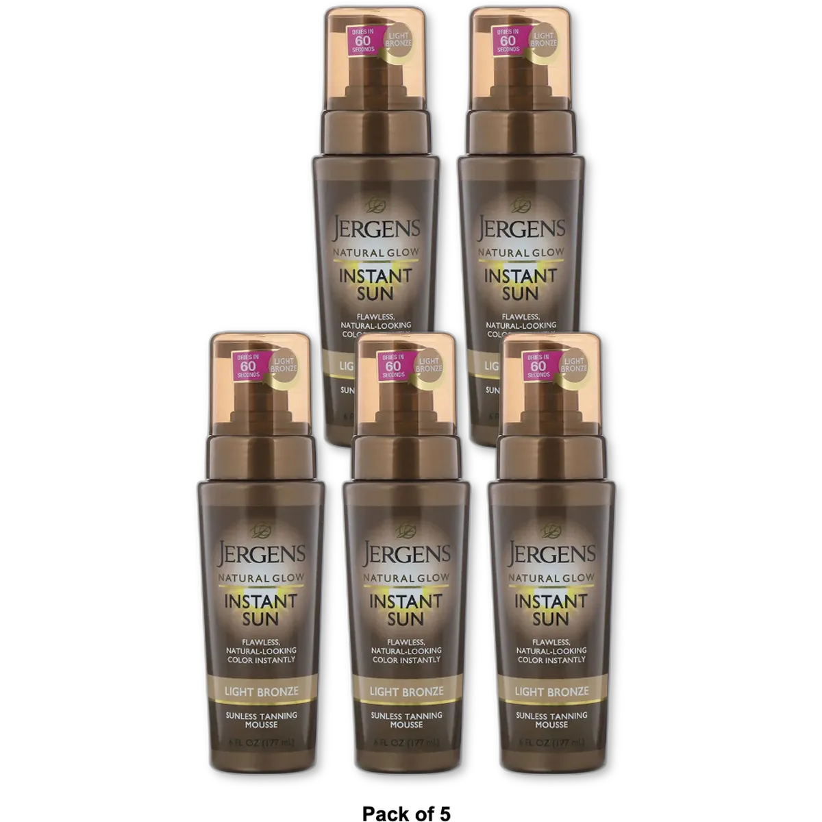Jergens Natural Glow Light Bronze Instant Sun Sunless Tanning Mousse 6Oz (Pack of 5)