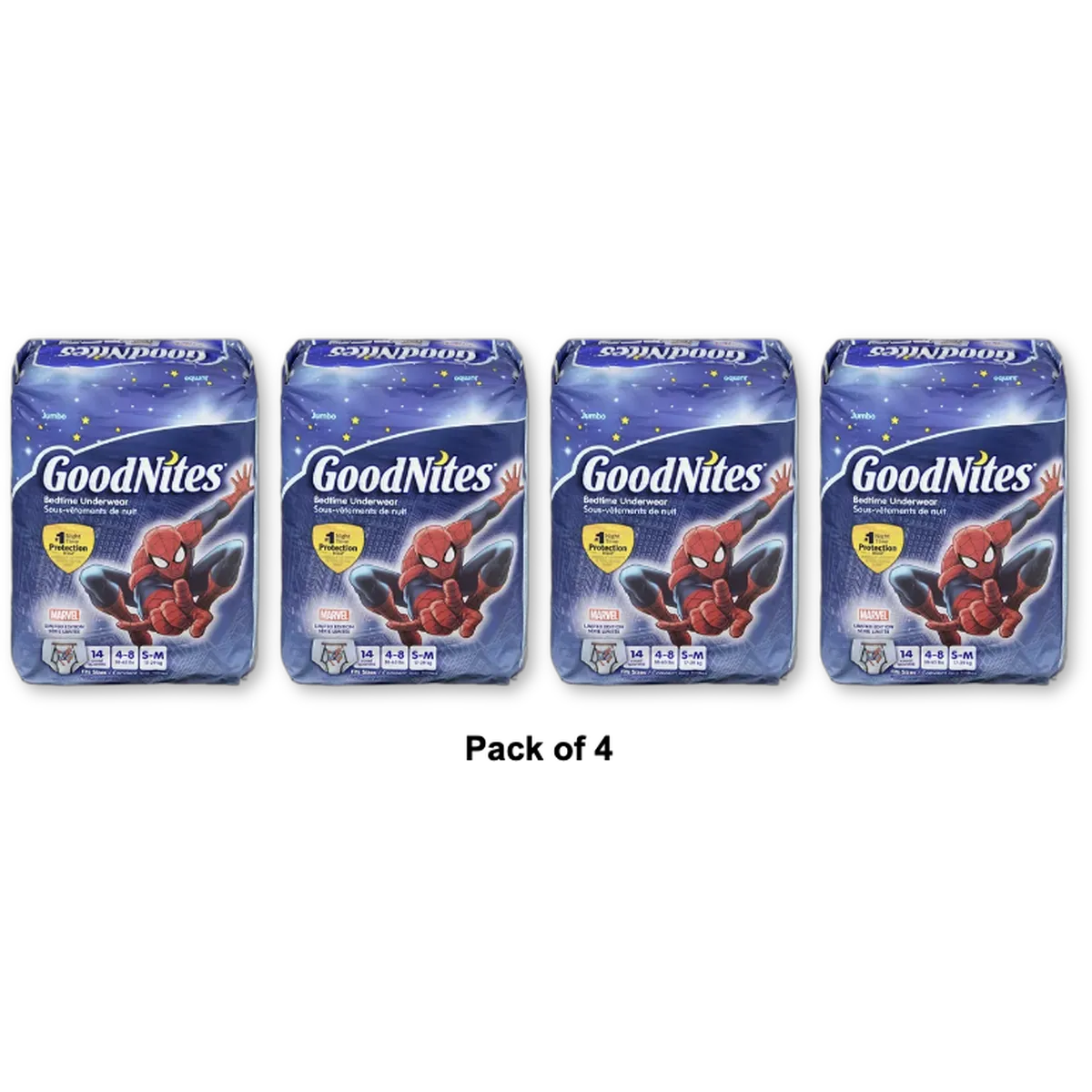 Goodnites Boys Bedtime Underwear Jumbo 38-65 Lbs Spider Man Small/Medium14 Ea 22.4Oz (Pack of 4)